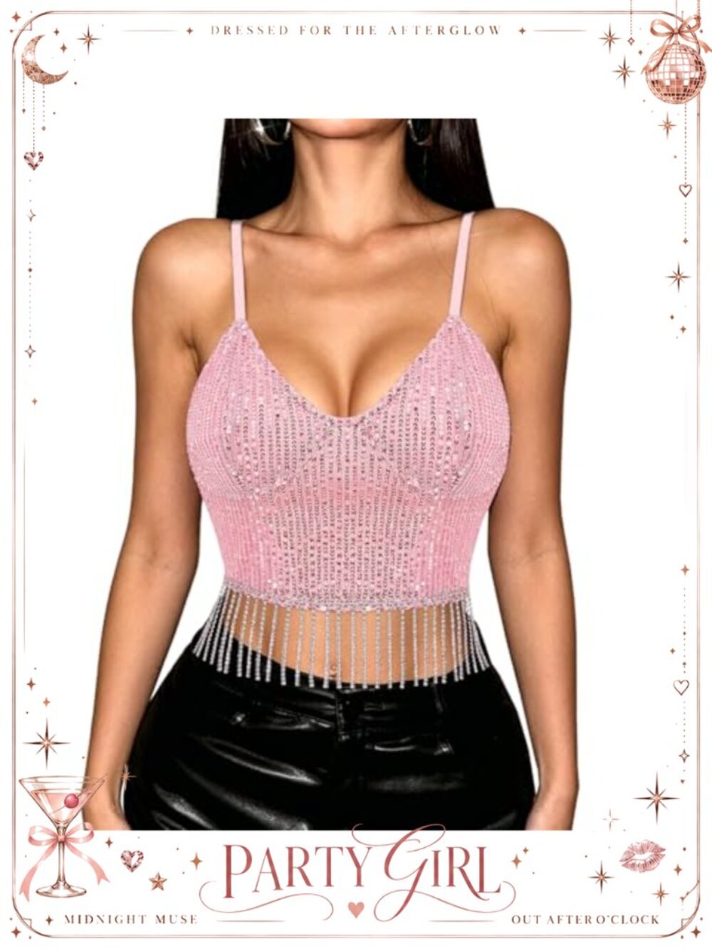 Sequin V Neck Crop Top Spaghetti Strap Cami for Dance Club Rave